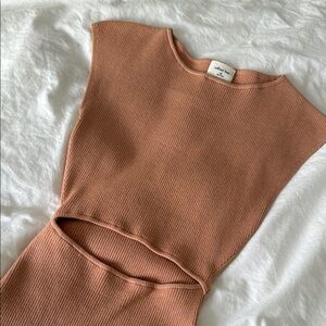 Aritzia Wilfred Free Cut-Out Knit Mini Dress in tan-ish pink color